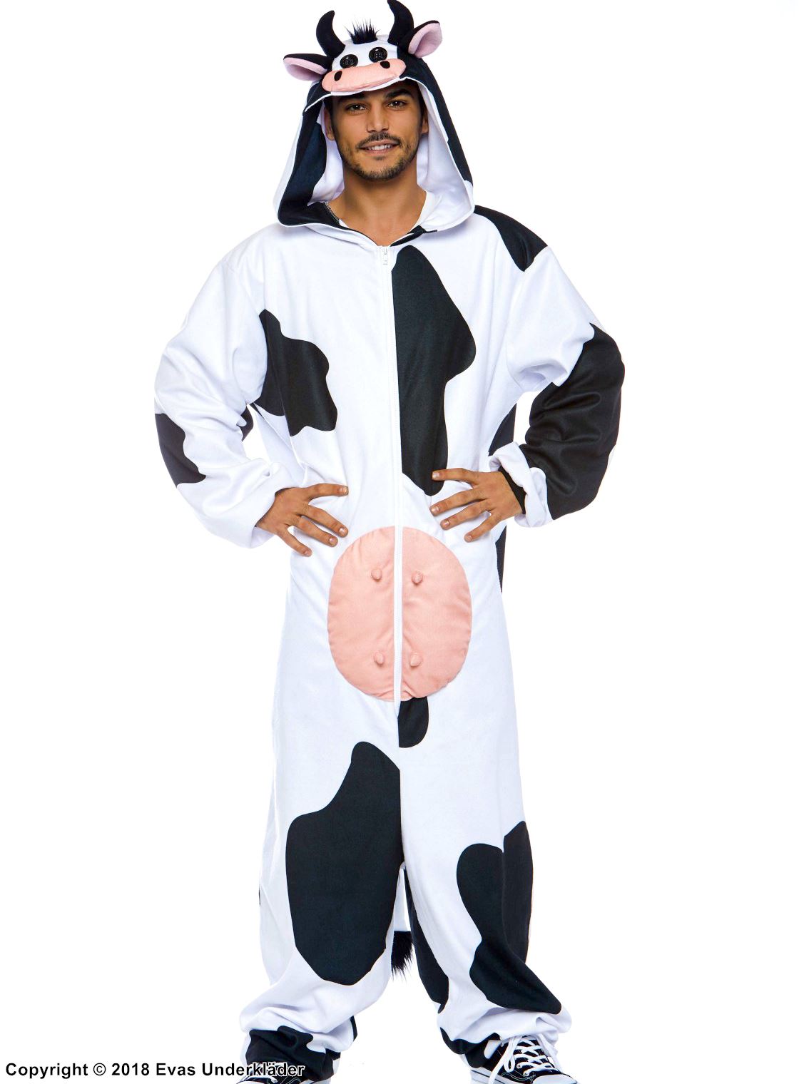 Cow, kigurumi jumpsuit costume, hood, front zipper
